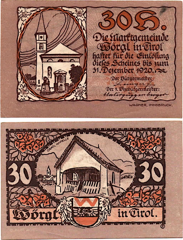 Eine deutsche Banknote aus den 1930er Jahren mit einer 30-Pfennig-Beschriftung und einer Kirchenillustration in der Mitte, umgeben von Text.