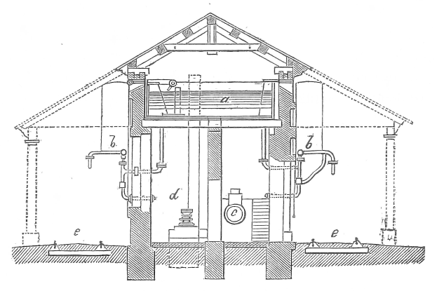 Ein detailliertes Bild eines zylindrischen Warmwasserbereiters, der zentral in einem Haus liegt und an Rohre und Ventile angeschlossen ist, umgeben von einer Wand.