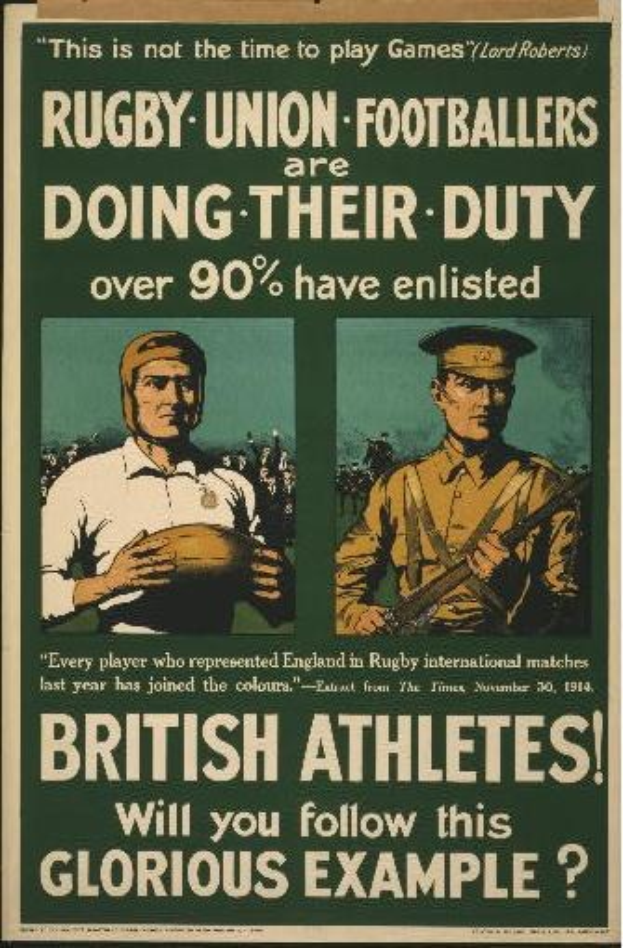Plakat mit zwei Rugbyspielern in Militäruniformen und Text über britische Athleten, die sich verpflichtet haben.