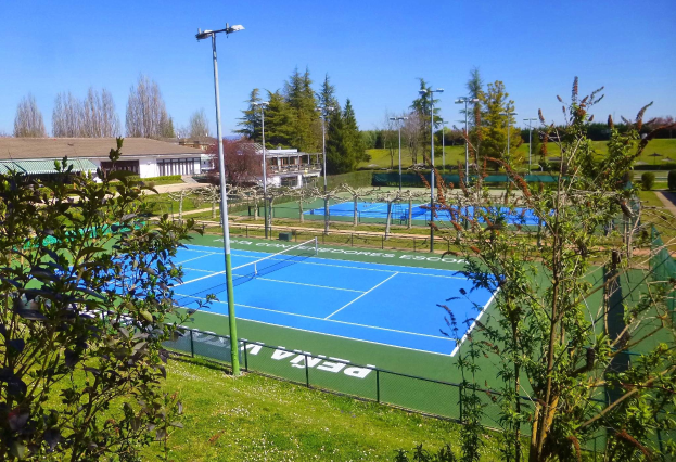 Altes Schwarz-Wei├č-Foto eines Stadions umgeben von Stadtgeb├Ąuden, B├Ąumen und Strommasten mit Text unten.