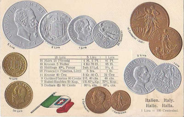 Ein Blatt Papier mit einer Reihe italienischer Münzen von 1877-1910, darunter mehrere 20-Lire-Münzen, mit Text und Porträts und zwei Flaggen unten, darunter die italienische Flagge.