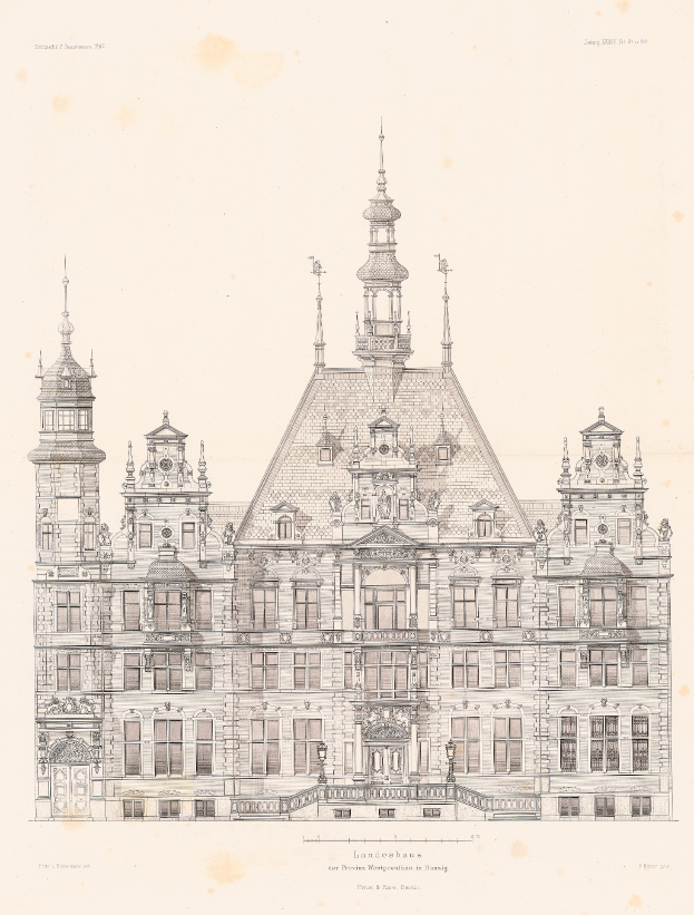 Ein detaillierter Entwurf des Landhauses in Dresden, Deutschland, mit einem großen Gebäude mit einem Uhrenturm, detaillierten Fenstern, Türen und einer Treppe, die zum Eingang führt, begleitet von Text, der seine architektonischen Merkmale beschreibt.