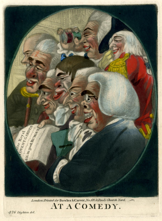 Eine Gruppe von Menschen in einem Kreis, die lachen und Spaß haben, wobei eine Person ein Papier hält und unten ein Text steht, der 'Bei einer Komödie' lautet.