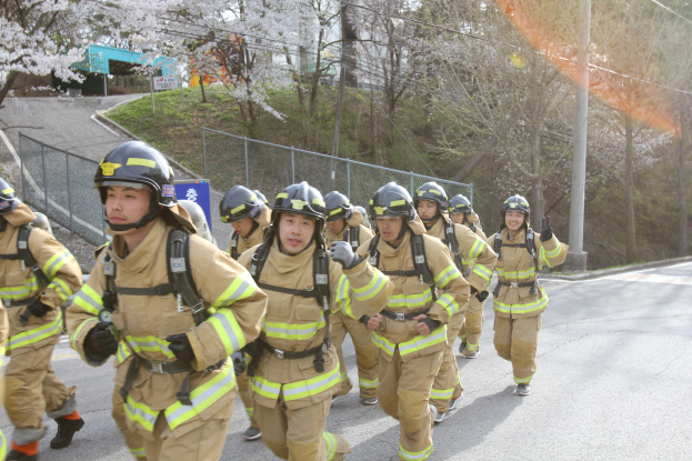 Eine Gruppe von Feuerwehrleuten in Helmen, die eine baumbestandene Straße mit Polen, Drähten und Maschendrahtzaun entlanggehen, mit Gebäuden und einem klaren blauen Himmel im Hintergrund.