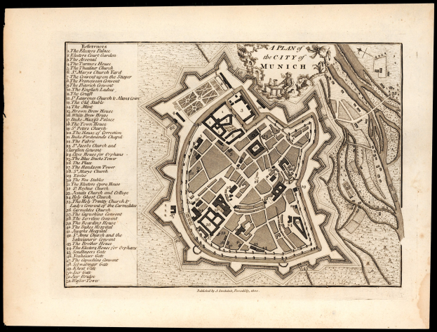 Alte Karte von München, Deutschland, mit Straßen, Gebäuden und Sehenswürdigkeiten auf einem schwarzen Hintergrund, einschließlich Text mit Straßennamen und Sehenswürdigkeiten.