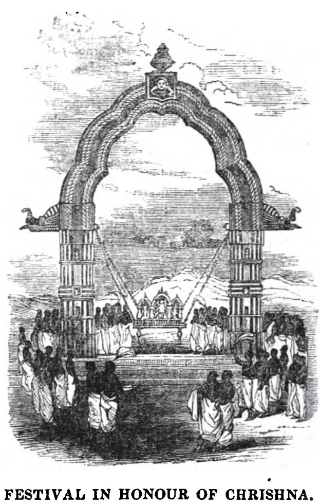 Schwarze und weiße Zeichnung eines Krishna-Festes mit einem zentralen Bogen und Menschen drumherum sowie Text unten.