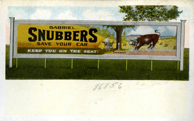 Eine alte Werbung für Gabriel Snubbers mit einer Kuh, einer Person, Bäumen und einem textierten Himmel mit der Aufschrift "Gabriel Snubber's Save Your Car" unten.