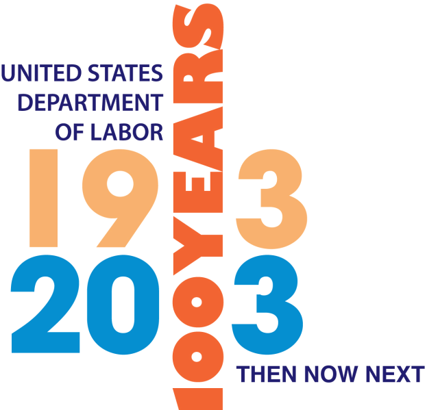 Das Logo des US-Arbeitsministeriums, ein blauer Kreis mit einem weißen Stern in der Mitte und einem weißen Rand, mit dem Text "1933 dann jetzt nächsten" in fetter, schwarzer Schrift darunter.