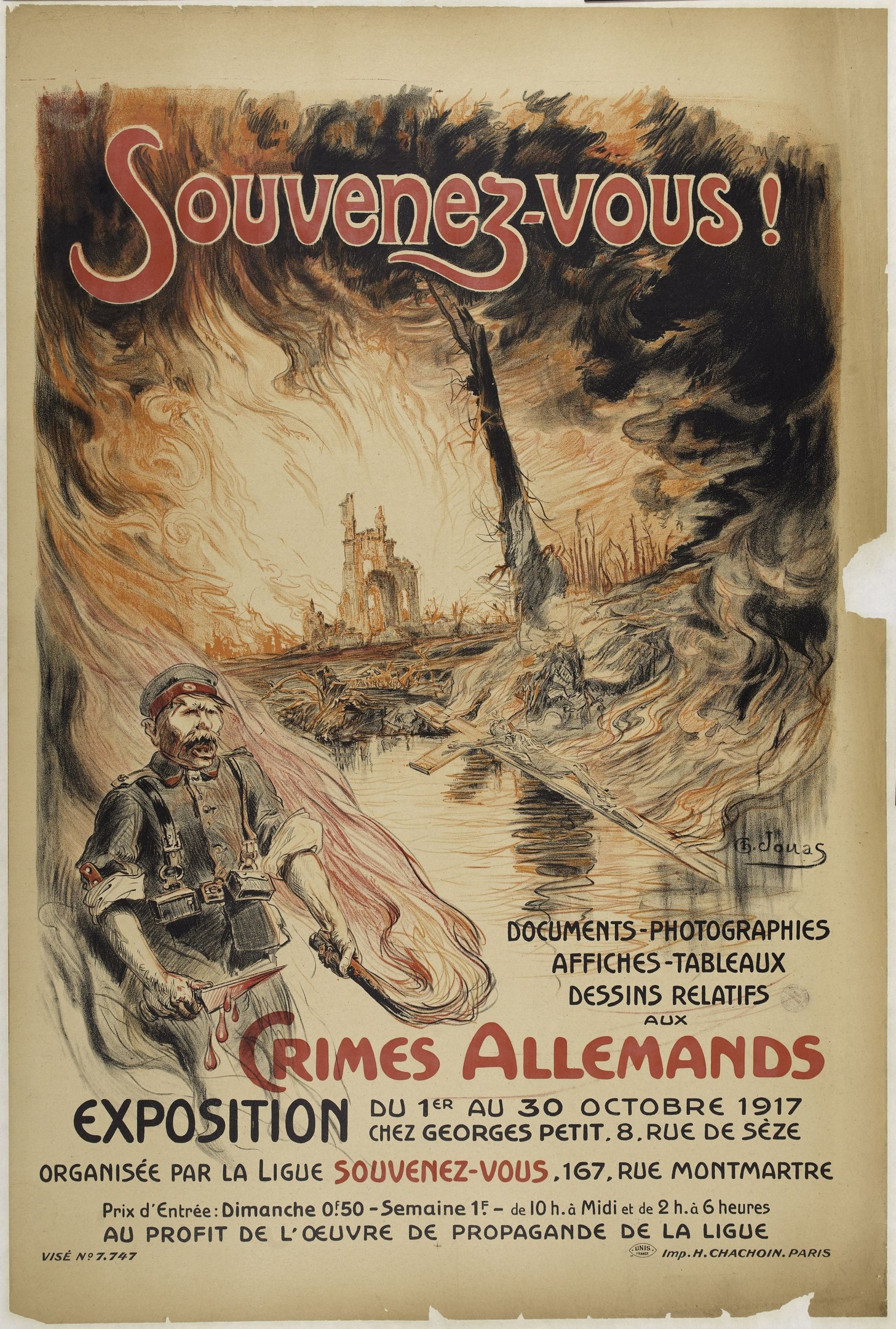 Plakat für die Ausstellung "Souvenez-vous Crimes Allemands" mit einer zentralen Figur mit menschlichem Gesicht und umgebenem Text.