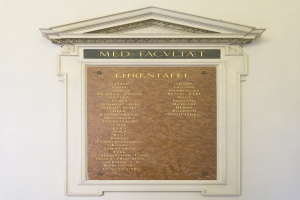 Rechteckige weiße Plakette mit schwarzer fettgedruckter Schrift "Med Facilitat" in der Mitte auf einer Gebäudewand.