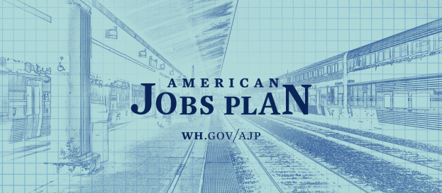 Blaupause einer Bahnhofstation mit der Aufschrift "American Jobs Plan" und einem Zug auf der rechten Seite.