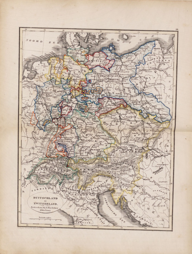 Ein altes Buch mit einer detaillierten Karte von Deutschland und den Niederlanden mit Städten, Dörfern und geografischen Merkmalen sowie begleitendem Text.