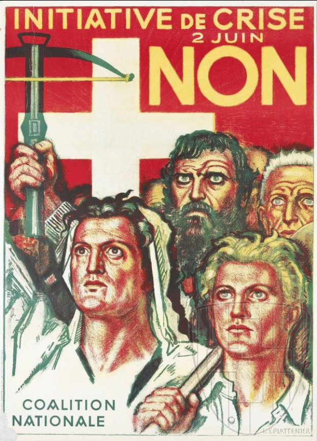 Plakat für die Coalition Nationale, eine Initiative de crise non, das Menschen mit Hammer und Sichel zeigt und Text enthält.