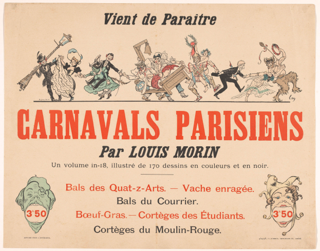 Ein Papier mit der Überschrift "Carnivals Parisiens par Louis Morin" in fetter Schrift, mit leuchtenden Illustrationen von Menschen in bunten Faschingskostümen und Masken, vor kunstvollen Mustern.