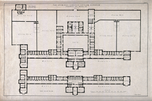 Schwarz-weißer architektonischer Grundriss eines Mehrraumgebäudes mit beschrifteter "Kriminal-Irrenanstalt", mit handschriftlichen Anmerkungen zur.Layout.