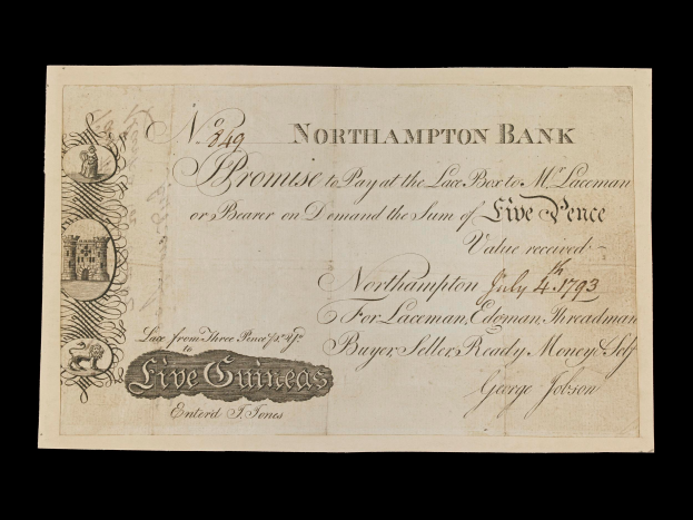 Ein alter Banknote aus Northampton mit einem Porträt eines Mannes und gedrucktem Text über die Bankinformationen.