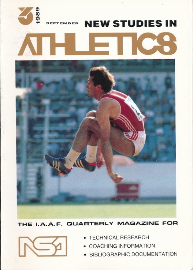 Ein Buchumschlag mit einem Mann in der Luft, der springt, und der Aufschrift "New Studies in Athletics September 1989".