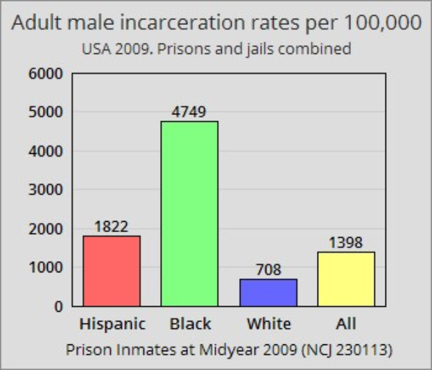 Balkendiagramm, das die Inhaftierungsrate von erwachsenen Männern pro 100.000 in den Vereinigten Staaten zeigt, mit variierenden Balkenhöhen.