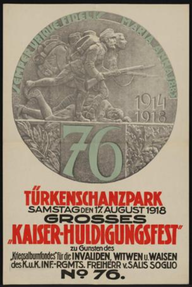 Ein gerahmtes Plakat zum 70. Jubiläum des Kaiser-Huldigungsfestes in Berlin, Deutschland, zeigt eine Gruppe von Menschen in der Mitte, umgeben von Text und Zahlen.
