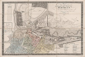 Detaillierte alte Karte von Weimar, Deutschland, die Straßen, Gebäude und Sehenswürdigkeiten zeigt, mit zusätzlichem Text über die Stadt.