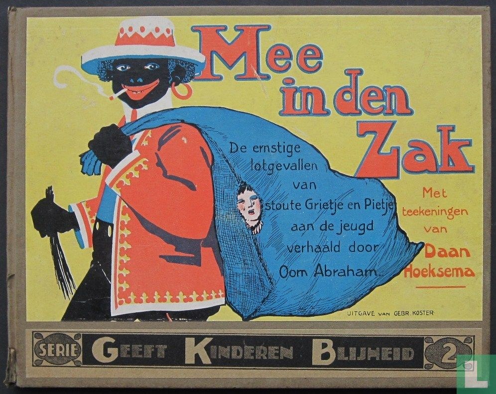 Plakat auf schwarzem Hintergrund mit dem Text "mee in den zak" (Niederländisch für "me in the bag") und einem Foto einer Person in einem weißen Hemd und blauer Mütze mit einem verschmitzten Gesichtsausdruck.