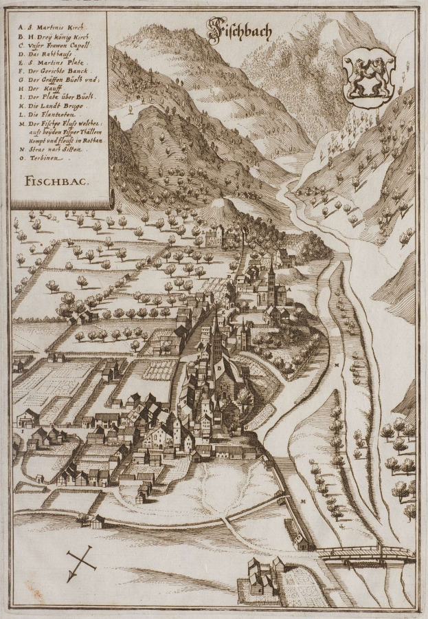 Ein altes Fischbach-Karte von Deutschland, das zeigt Häuser, Bäume, Hügel, einen gewundenen Fluss, Text und ein Logo.