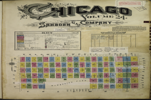 Ein offenes Buch mit dem Titel "Chicago, Volume 24, Sanborn Map Company", das Text und Zahlen enthält, die das Sanborn-Karte von Chicago darlegen.