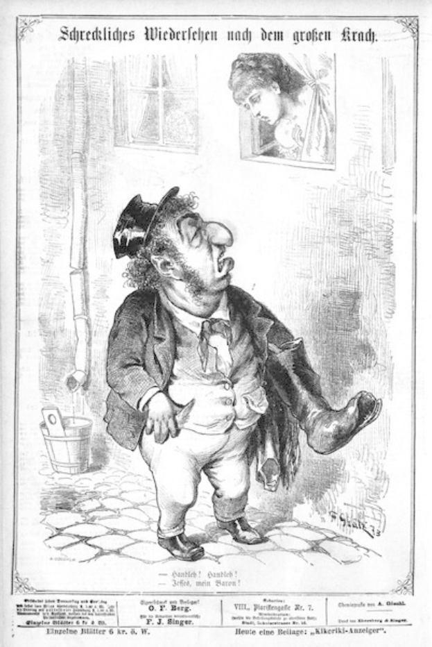 Cartoon-Illustration eines Mannes mit Zylinder und einer Frau in einem Kleid, mit einer Wand, einem Fenster, einem Eimer und anderen Gegenständen im Hintergrund und Text unten mit der Aufschrift "F. J. Singer, der erste deutsche Politiker, der in den Kongress gewählt wurde."