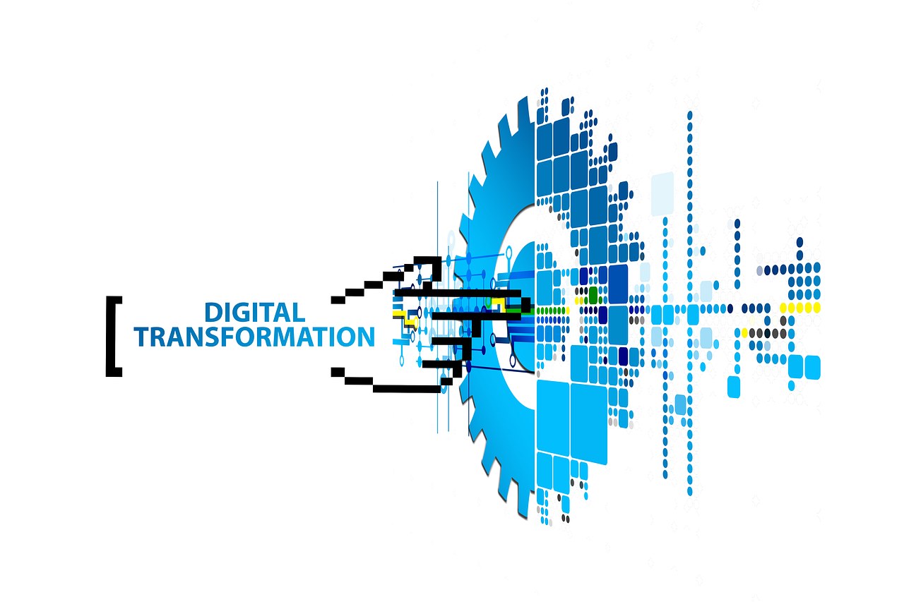 Digitales Transformationslogo mit den Wörtern "Digital Transformation" in der Mitte auf einem weißen Hintergrund, bestehend aus blauen, schwarzen und gelben Punkten.