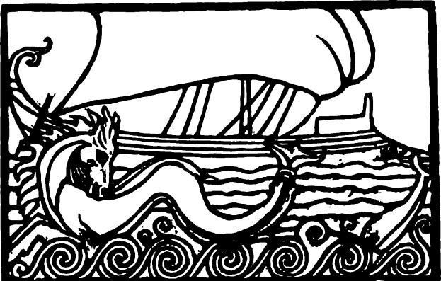 Eine Schwarz-Weiß-Zeichnung eines detaillierten Wikingerschiffs mit einem langen, gebogenen Rumpf und einem großen Segel, das auf tiefblauem Wasser unter einem hellblauen Himmel mit ein paar weißen Wolken segelt, während die Sonne im Hintergrund untergeht und ein warmes orangefarbenes Leuchten verbreitet.