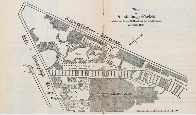 Ein altes Stadtplan von Berlin, Deutschland, mit einem detaillierten Plan des Ausstellungs-Parkes in der Mitte, auf einem Stück Papier mit beschreibendem Text gedruckt.
