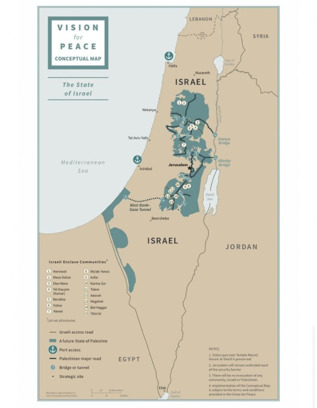 Ein Plakat mit der Aufschrift "Vision für Frieden - Konzeptionelle Karte", das eine farbcodierte Karte Israels mit fetter schwarzer Schrift zeigt.