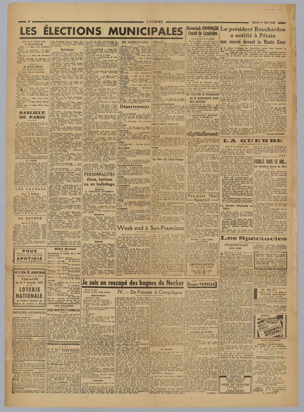 Titelseite der französischen Zeitung *Les Élections Municipales* mit weißem Hintergrund, gefüllt mit Text über Kommunalwahlen.