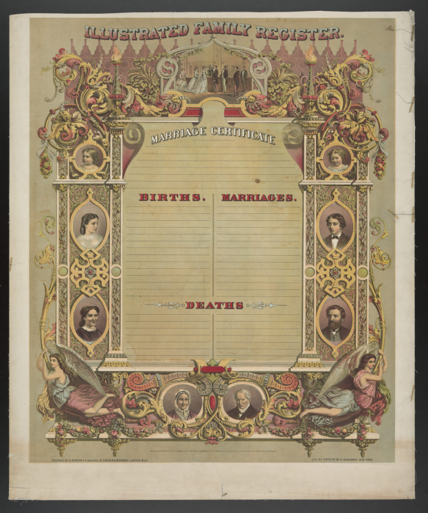 Ein illustrierter Familienbuch-Eintrag mit schwarzem Hintergrund, der Bilder von Menschen und den Text "Geburten, Hochzeiten, Tode" zeigt.