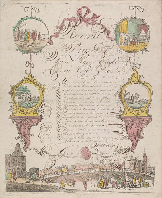 Ein aufgeschlagenes Buch mit einer Illustration einer Stadtansicht mit Geb├Ąuden, Menschen, einer Br├╝cke und anderen Gegenst├Ąnden sowie Text.