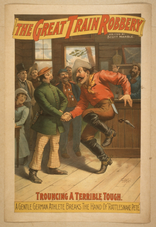 Plakat für "Die große Zugraub" zeigt eine Gruppe von Menschen mit einem, der eine Waffe hält, ein Fenster, eine Wand und Text oben und unten.