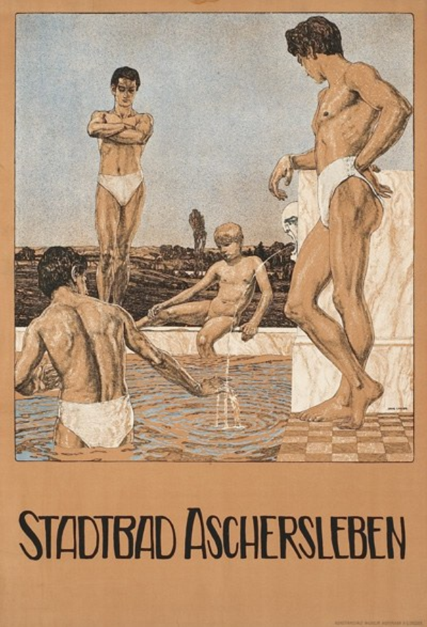 Plakat für ein Schwimmbad in Aschersleben, Deutschland, das Menschen im Wasser zeigt, wobei einer sitzt und ein Text weitere Details über das Schwimmbad und seine Einrichtungen bereitstellt.