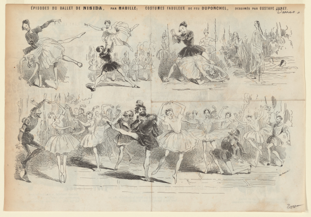 Ein Buchseiten-Bild zeigt eine lebendige Zeichnung einer Gruppe von Menschen, die im Einklang tanzen, begleitet von beschreibendem Text über das Datum, die Uhrzeit und den Ort des Ereignisses.