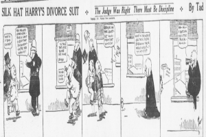 Ein Cartoon von einem Mann in einem schwarzen Anzug und einer Frau in einem Kleid mit einem schwarzen Schal, beide mit ernsten Gesichtern, die etwas Wichtiges besprechen, mit dem Text 'Scheidungsklage' auf dem Bild.