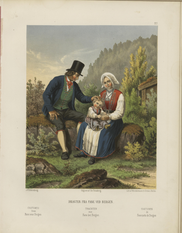 Ein altes Buch mit einer Abbildung eines Mannes und einer Frau mit einem Baby auf einem Felsen, umgeben von Bäumen und Himmel, und Text unten.