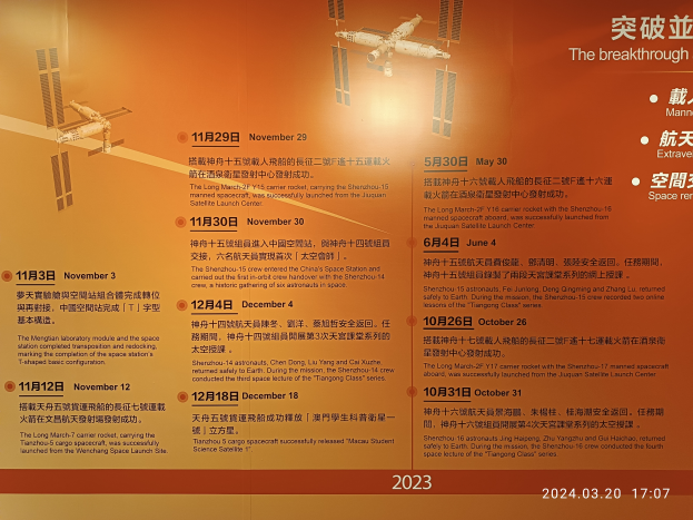 Ein Plakat, das den Startplan der Internationalen Raumstation zeigt, mit Satellitenbildern und Details wie Datum, Uhrzeit und Ort.