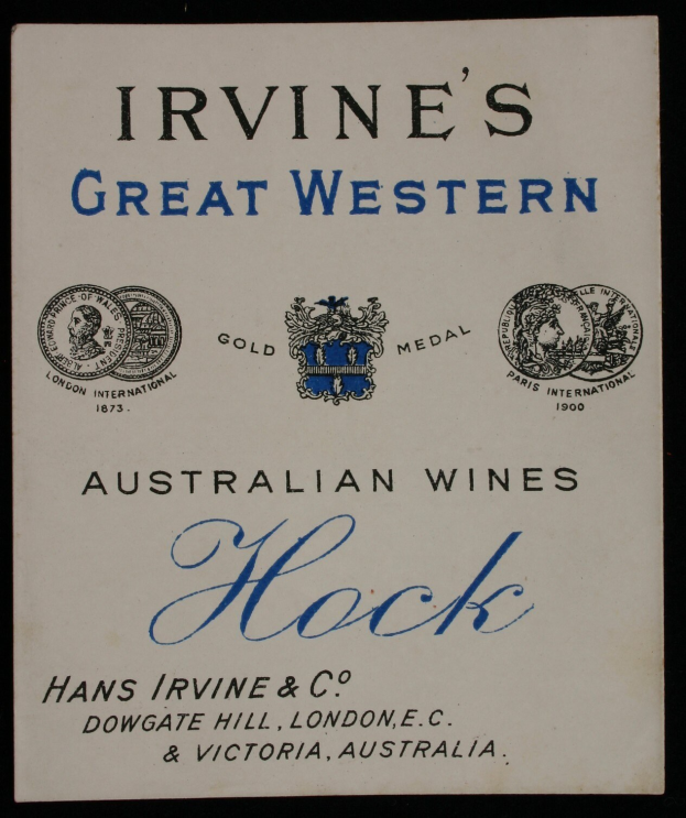 Plakat, das Irvines großartige westaustralische Weine mit Unternehmenslogos und Texten ankündigt, die verschiedene Weinarten angeben.