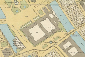 Ein detaillierter alter Stadtplan von Köln, Deutschland, mit dem Schloss in der Mitte, der Gebäude, Straßen und Sehenswürdigkeiten zeigt, mit beschrifteten Straßennamen, Parks und Sehenswürdigkeiten.