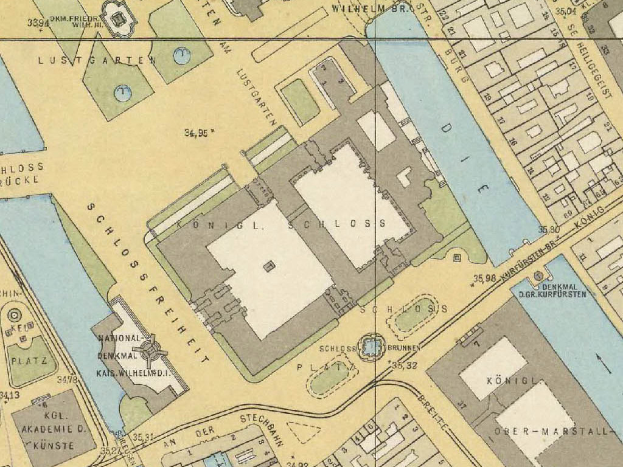 Ein detaillierter alter Stadtplan von Köln, Deutschland, mit dem Schloss in der Mitte, der Gebäude, Straßen und Sehenswürdigkeiten zeigt, mit beschrifteten Straßennamen, Parks und Sehenswürdigkeiten.