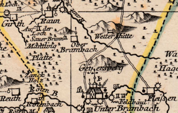 Ein detaillierter alter Stadtplan von Brambach, Deutschland, der Straßen, Gebäude, Sehenswürdigkeiten und Illustrationen von Häusern und Bergen zeigt.