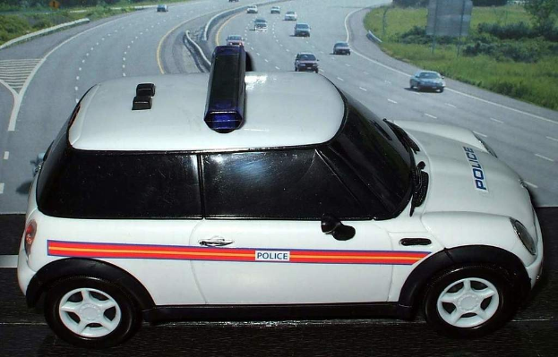 Weißer Polizeiwagen vor fahrendem Verkehr auf einer von Gras und Bäumen gesäumten Straße außerhalb der Stadt.