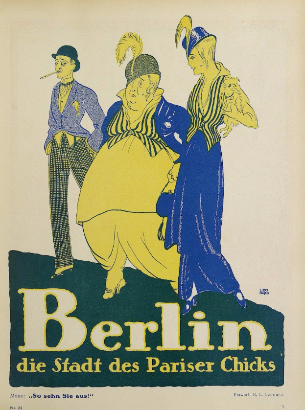 Plakat für ein Berliner Konzert mit dem Titel "Berlin - Die Stadt des Pariser Chicks", das eine Gruppe von Menschen in bunter Kleidung vor einem Gebäude zeigt, die fröhlich wirken und zu genießen scheinen.