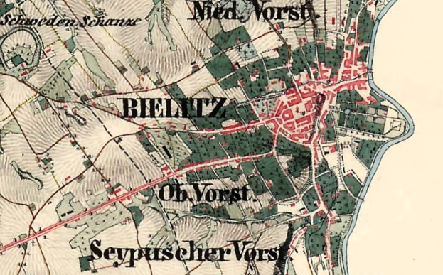 Ein detailliertes altes Stadtplan von Bielitz, Deutschland, der Straßen, Gebäude und Sehenswürdigkeiten zeigt.