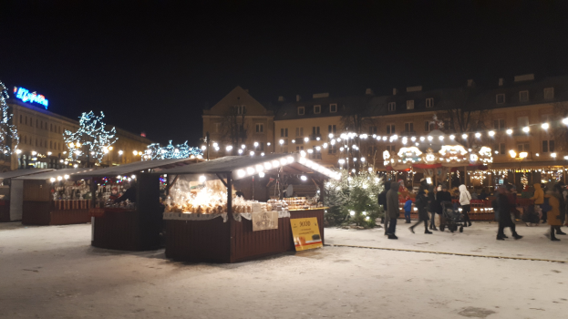 Weihnachtsmarkt bei Nacht mit Menschen, Buden, Pflanzen, Bäumen, Gebäuden und Schildern in einer verschneiten Umgebung.