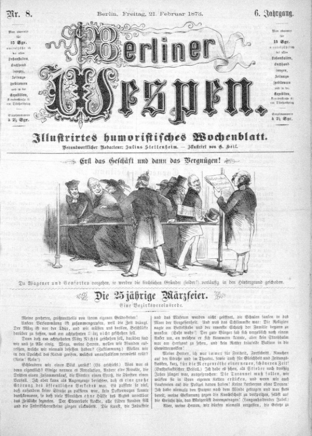 Eine alte deutsche Zeitung namens "Berliner Wespen" vom 21. Februar 1873, die ein Foto einer Gruppe von Menschen in traditioneller deutscher Kleidung zeigt, die sich unterhalten.